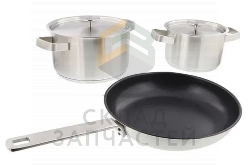 Набор посуды из нержавеющей стали: 2 кастрюли с крышками (2.5 л и 4 л) и сковорода с антипригарным покрытием (d.24см), оригинал Electrolux 9029798213