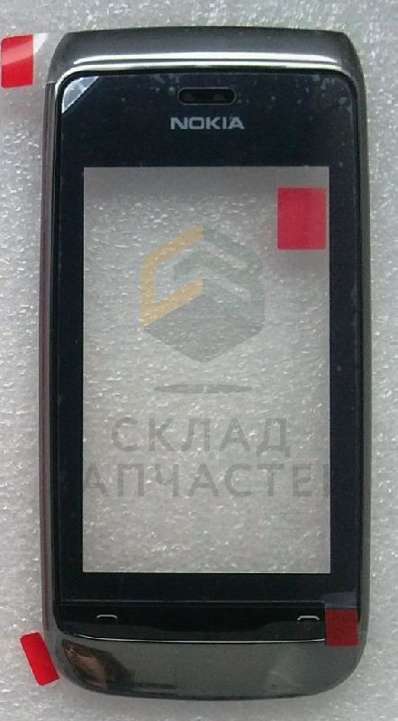 Сенсорное стекло (тачскрин) в сборе с передней панелью и разговорным динамиком (Black) для Nokia ASHA 308