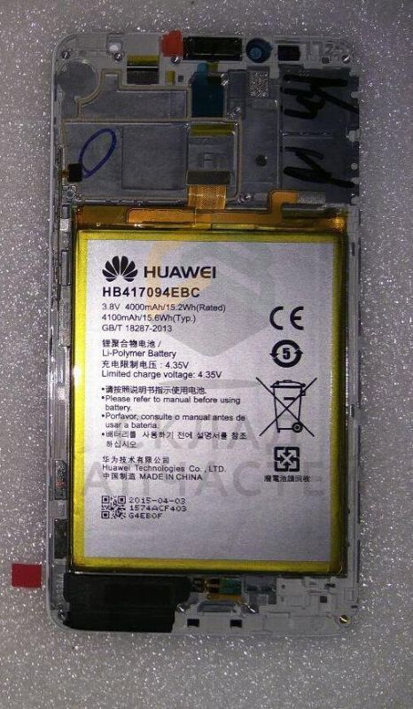 Дисплейный модуль: (дисплей + сенсорное стекло + передняя панель + динамик разговорный + динамик полифонический + аккумулятор) (серебристый) для Huawe